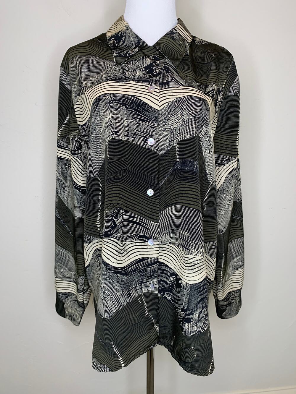 Vintage Jordan Black Tan Abstract Print Blouse Sz XL Y2k